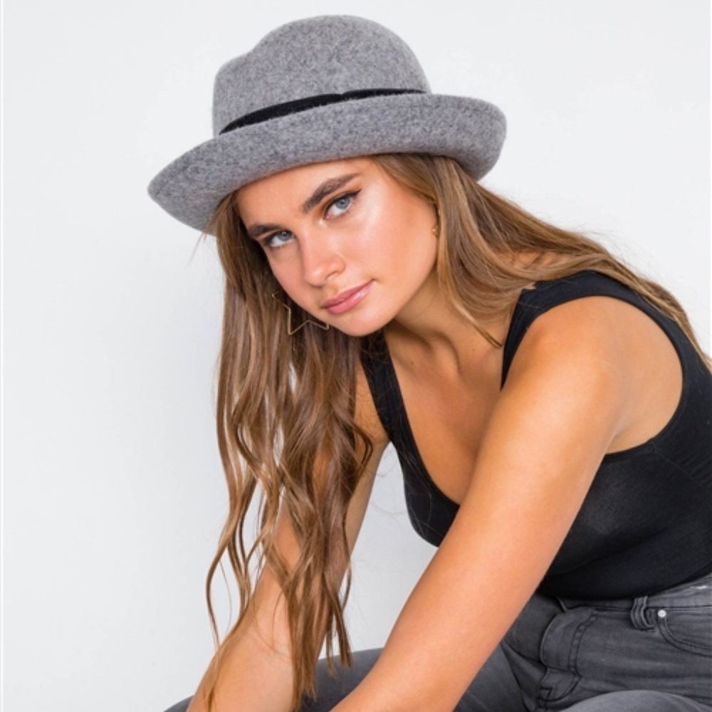 WOOL GREY CONTRAST TRIM FEDORA HAT - Picture 3 of 8